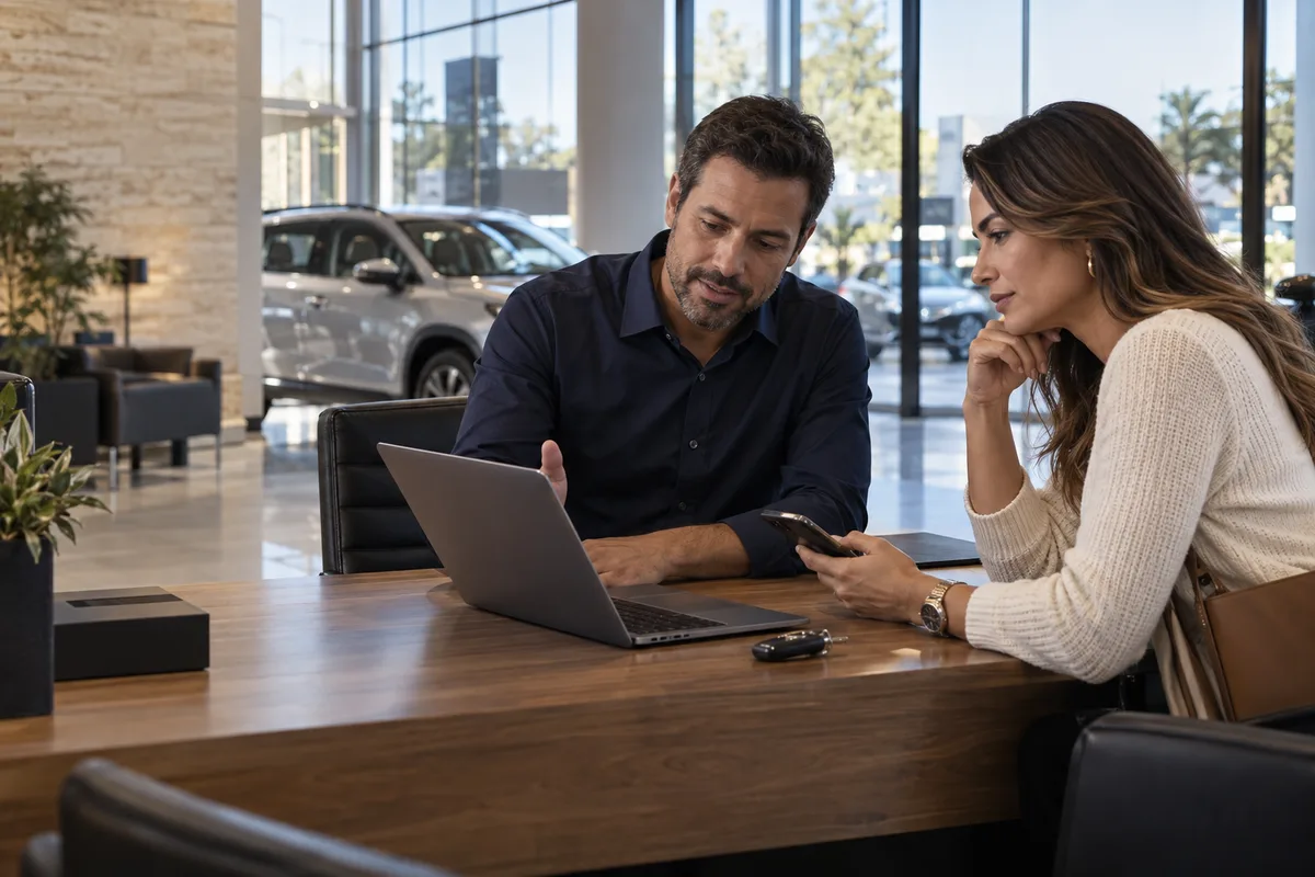 Cliente e consultor conversando sobre a negociação de um veículo