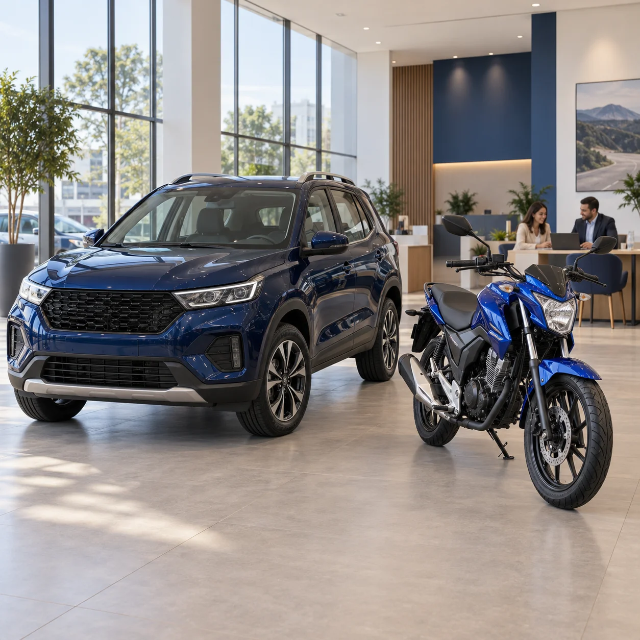 Carro e moto azuis inteiros em uma concessionária clara, com cliente e consultor conversando à mesa ao fundo. Cena ilustrativa.